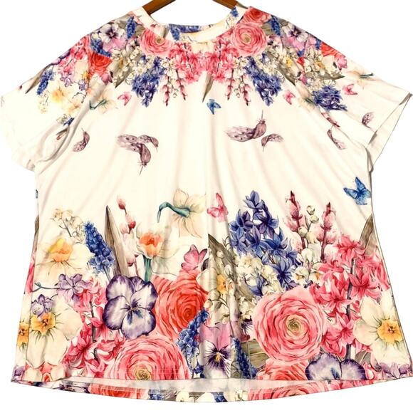 WOMEN’S Gorgeous Brightly Floral Colored Flowy Tunic Slight High-Low Hem Size 4X - Picture 6 of 7